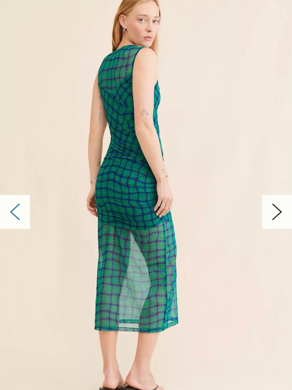 Simon Miller Kinny Ruched Plaid Mesh Midi Dress Anthropologie Green Blue- Size L - Picture 7 of 13